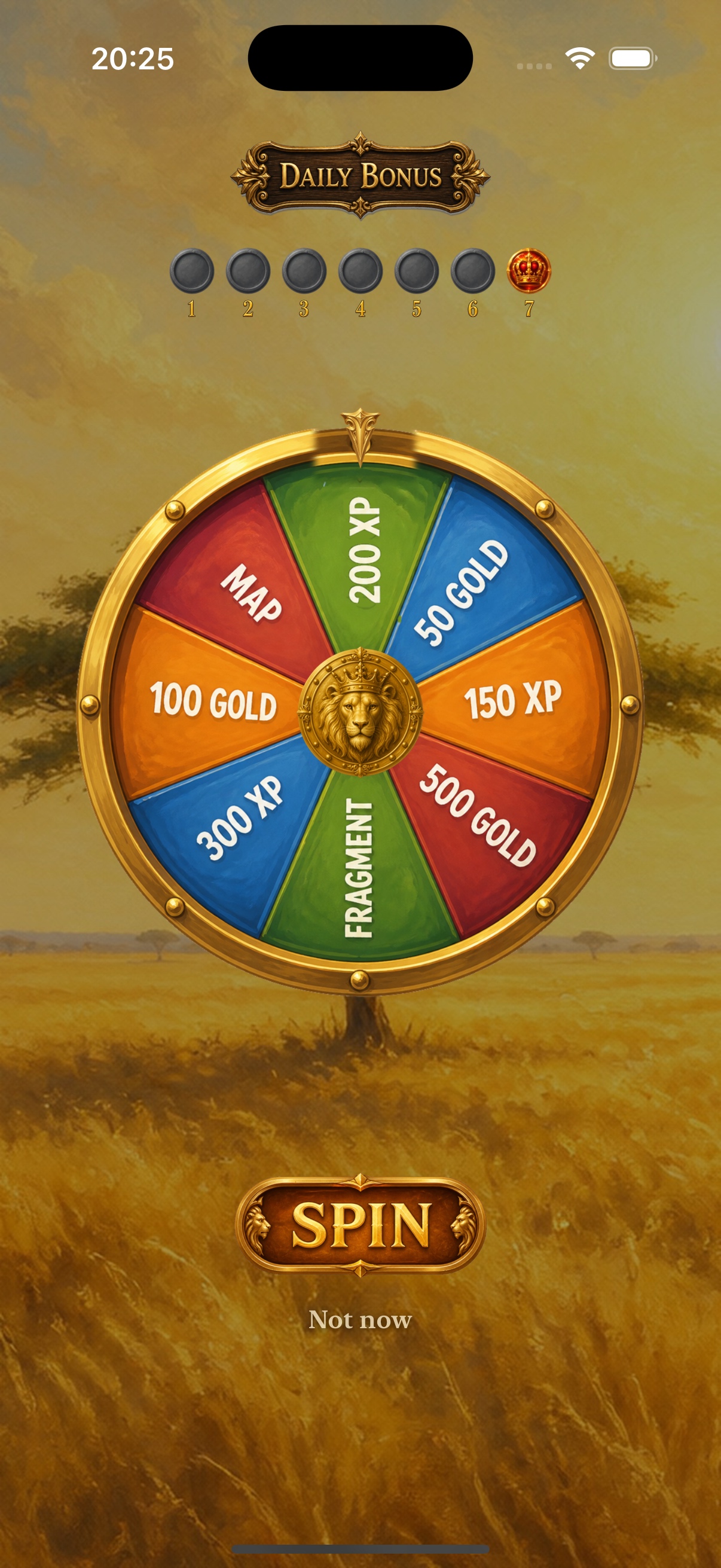 Daily virtual rewards wheel with XP and gold prizes