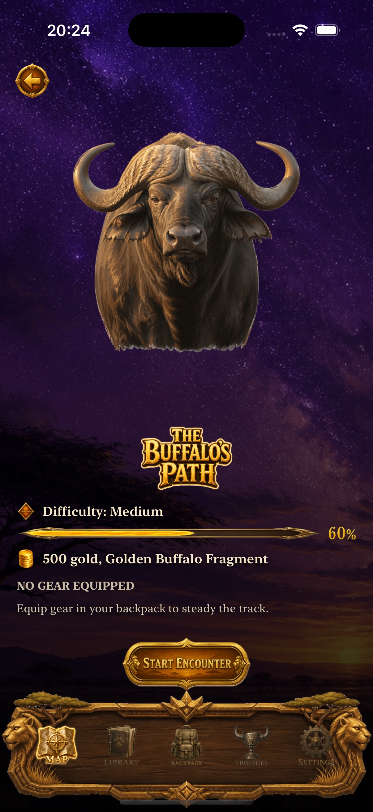 Buffalo encounter screen showing quest progress and virtual rewards