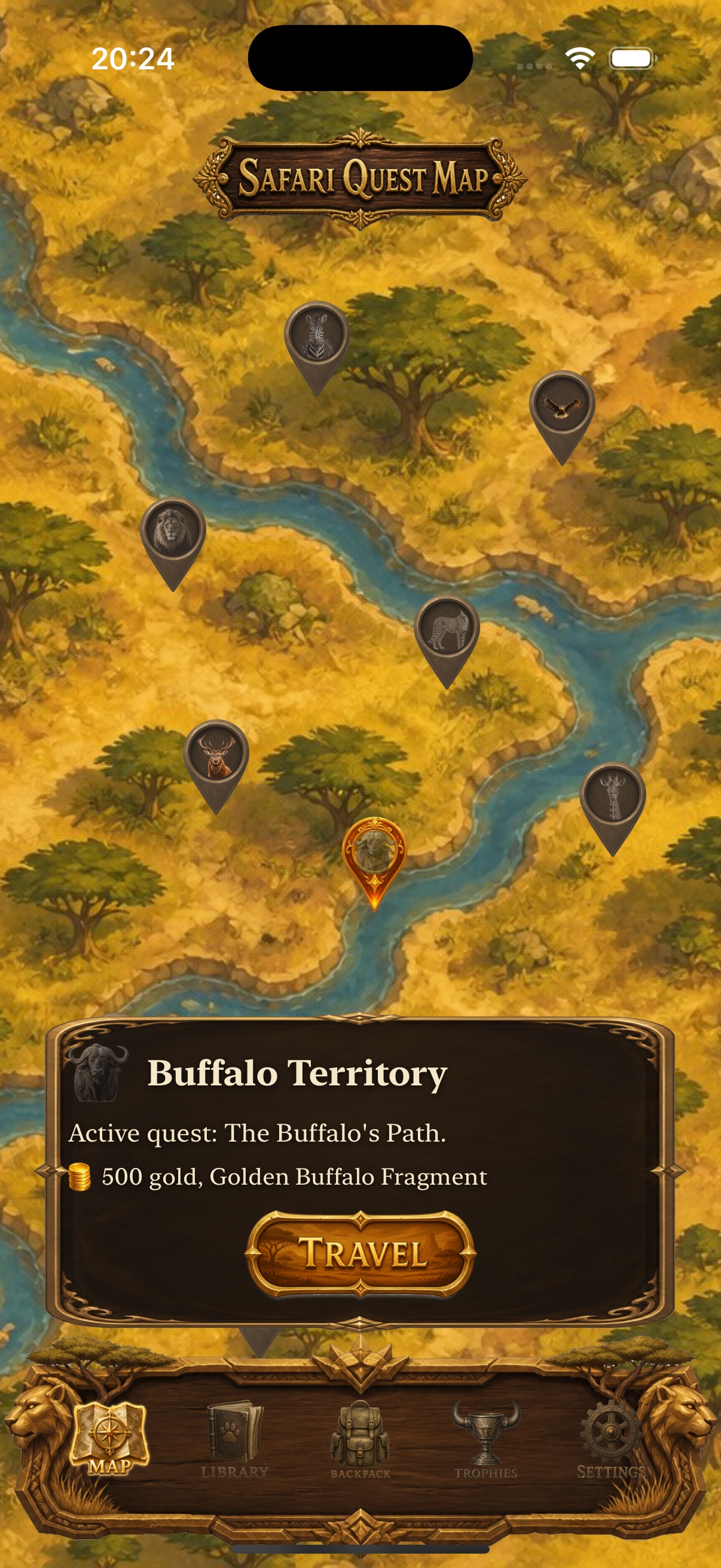 Illustrated safari quest map with animal territory markers